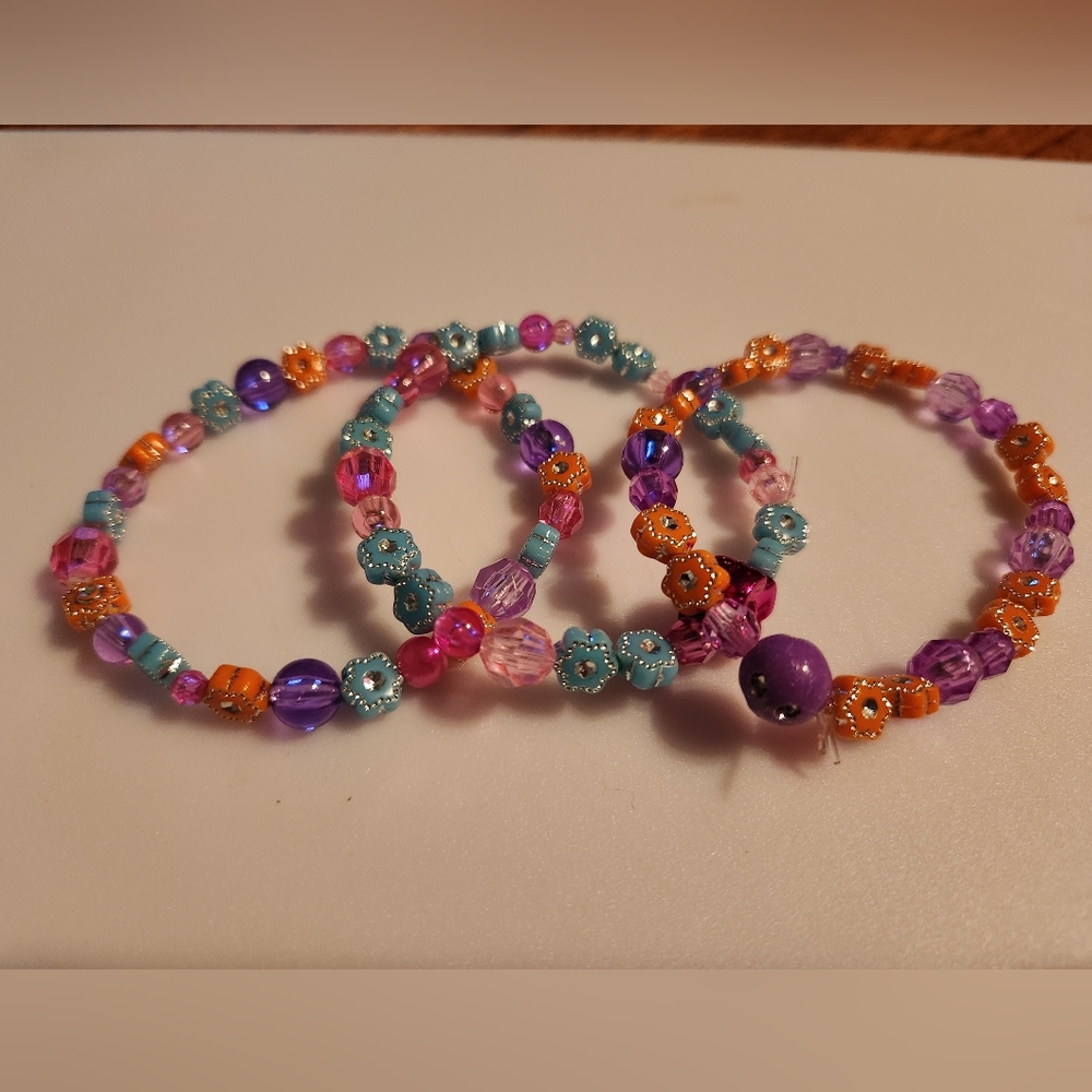 Handmade Blue and Orange Flower Beaded Bracelet Set